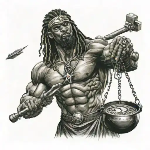 Black Warrior Standing Straight Up Looking Up Holding Libra Scale And A Cross