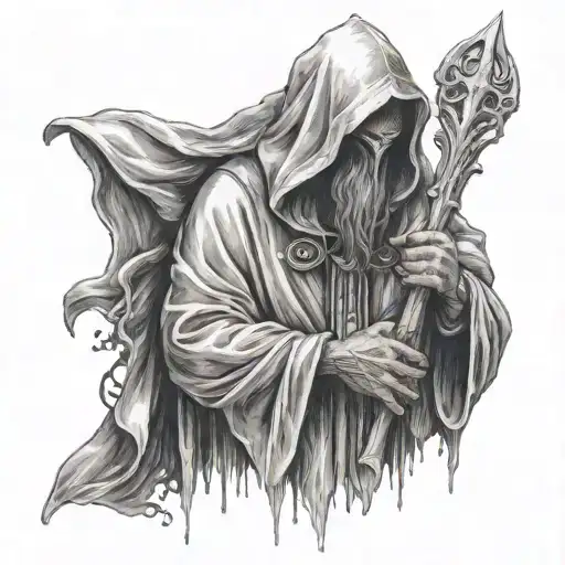 Cloaked Saint Faceless Hooded Full Body Holding Water Trident