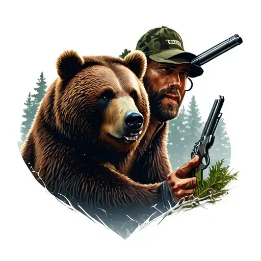 A Hunter With A Gun Hunts A Bear In The Forest