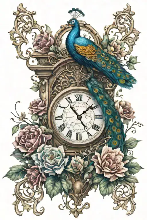 Peacock And Clock Tower With Vines And Flowers