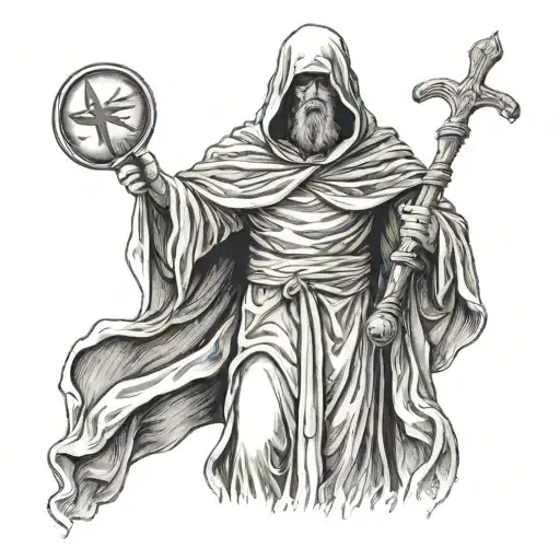 Hooded Faceless Cloaked Biblical Saint Full Body Holding Water Trident