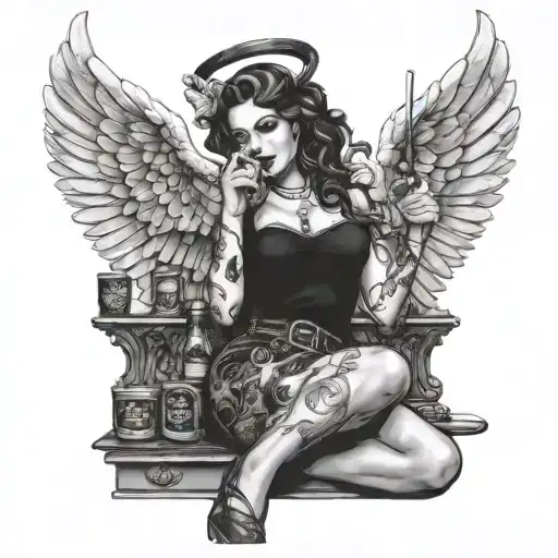 Gothic Pinup Angel Drinking Jack Daniels Smoking A Cigarette