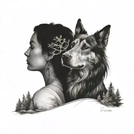 A Minimalist Tattoo Of A Woman With Her Arm Around Her Dog In Nature