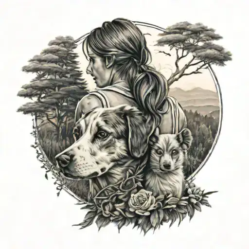 A Tattoo Of A Woman And Her Dog Facing Nature With Her Arm Around Her Dog's Back