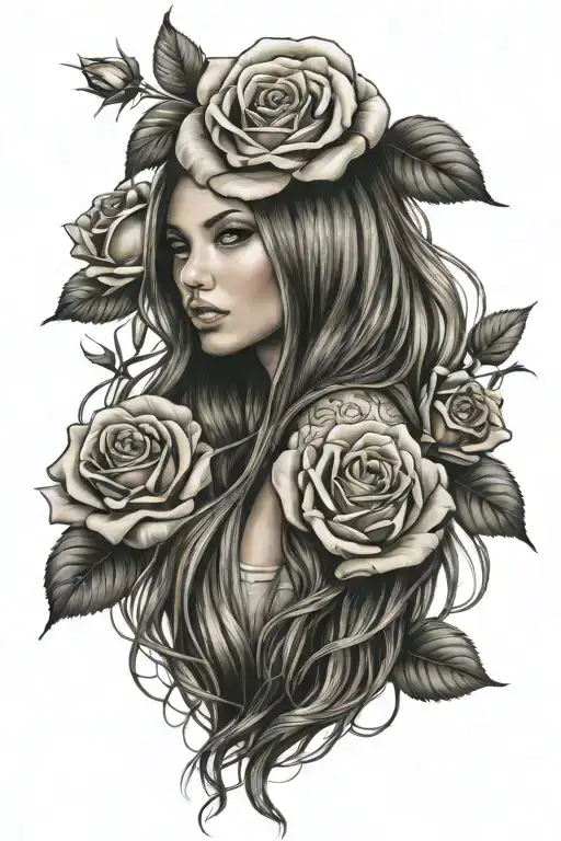 Beautiful Girl With Long Hair With Rose Flowers