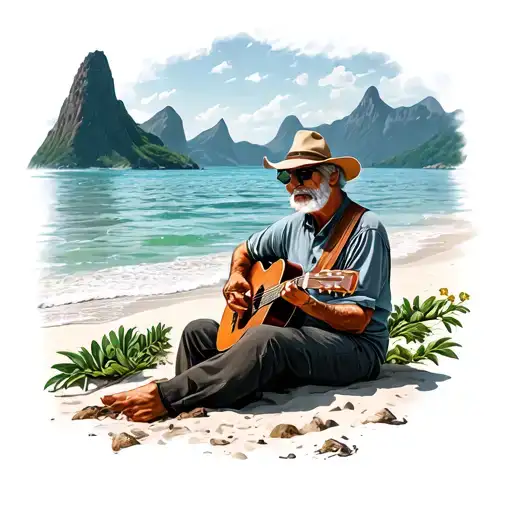 A Retired Musician Playing Guitar On A Beach With Mountains In The Background