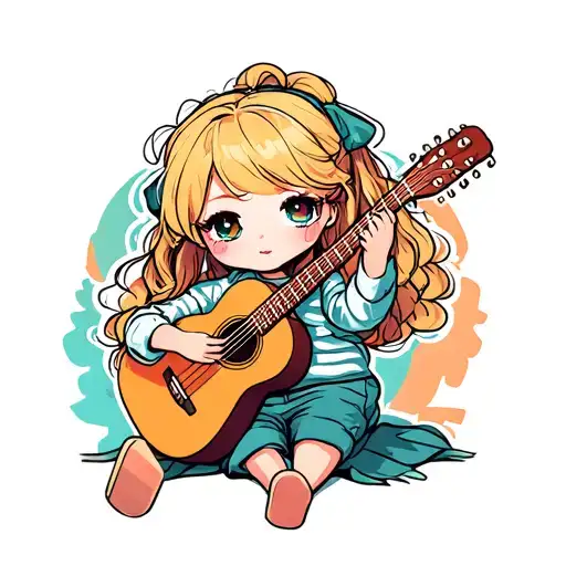 Blonde Chibi Girl With Messy Hair Playing Acoustic Guitar