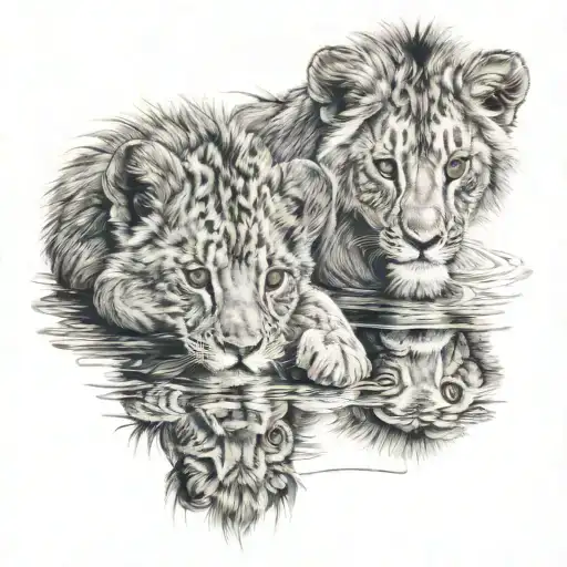 Baby Lion Lookin In Reflection Of Water And Sees Older Version Of Himself