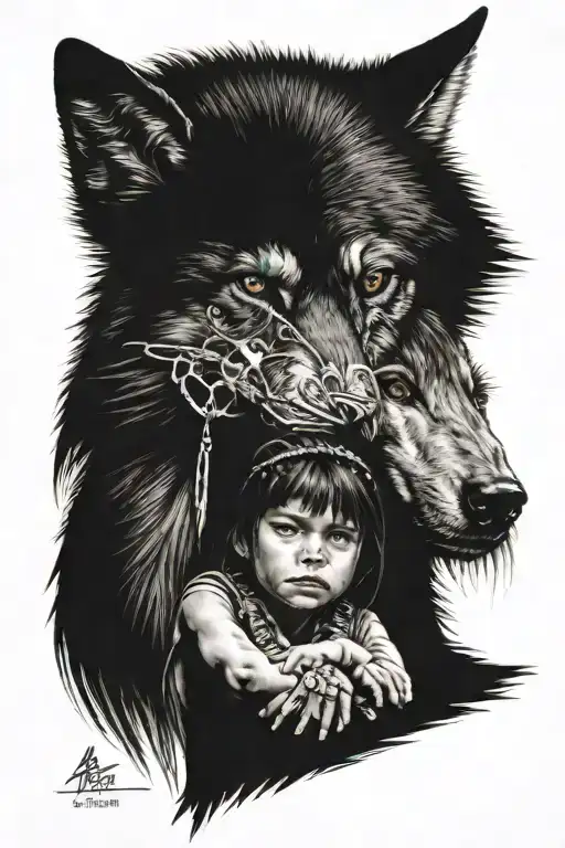 Woman Apache Wolf Child Sitting