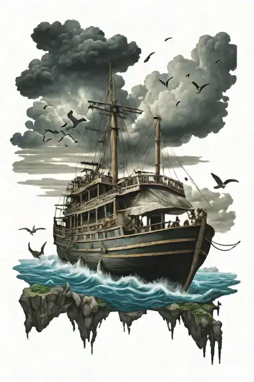Noahs Ark With Animals All Over The Boat With A Cool Sky And Ocean Scene