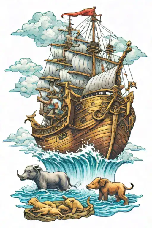 Noahs Ark With Animals All Over The Boat With A Cool Sky And Ocean Scene In Full Color