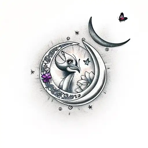 Crescent Moon With Flowers And Butterfly
