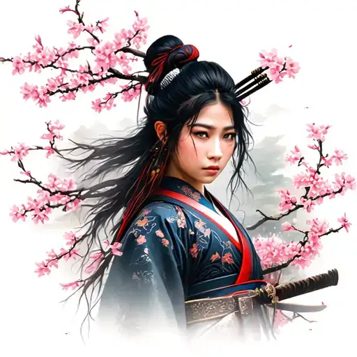 Lady Samurai Warrior And Sakura Tree