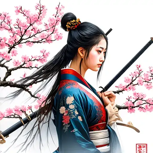 Lady Samurai Warrior And Sakura Tree