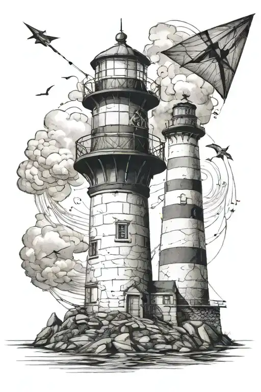 A Realistic Lighthouse With A Kite Soaring Above It