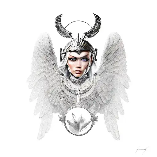 Valkyrie With Winged Helmet And Sword Riding A Winged Horse