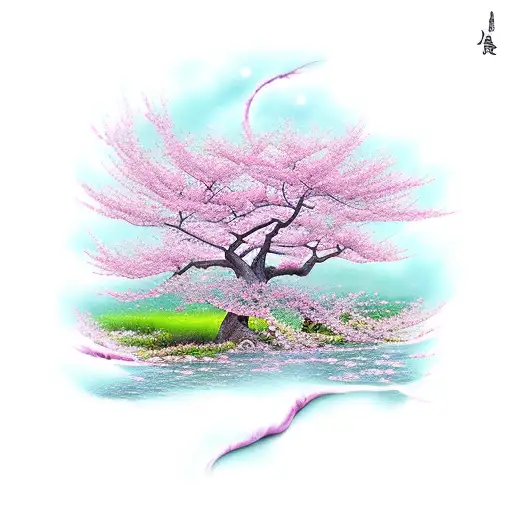 A Realistic Depiction Of A Cherry Blossom Tree With Flowing Pink And Purple Petals