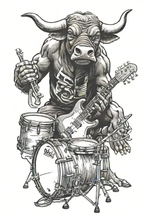 Bull Playing On Drums Electric Guitar Bass