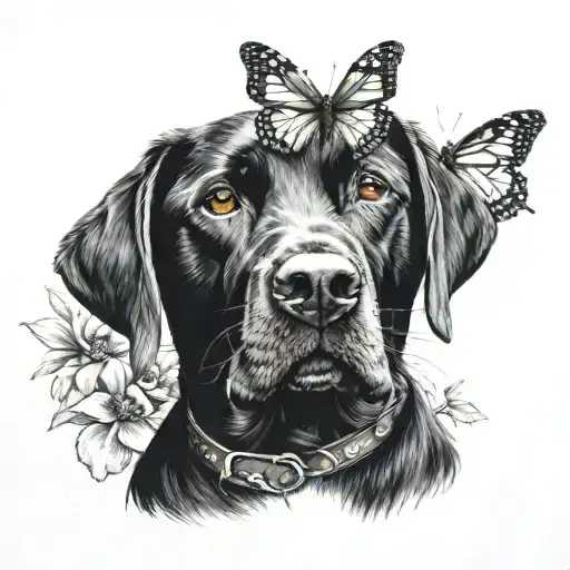 A Realism Tattoo Of A Stunning Black Lab And Butterfly In A Traditional Italian Setting