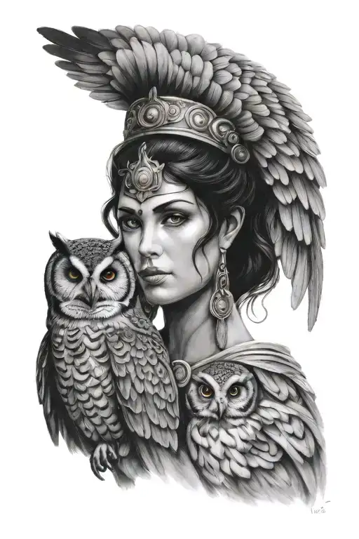 The Goddess Athena With Her Owl By Shoulder Portrait Tattoo Design Black And Greys
