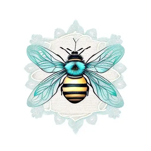 Sternum Tattoo Of A Bee Wrapped In A Teal Ribbon And Lily Flowers