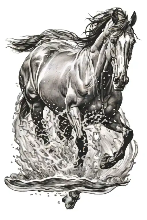 Masculine Stallion Running Through Shallow Water Facing The Camera