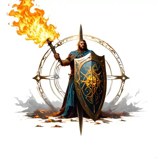 Arcangelo Michele Comes Out Of An Alchemical Circle With A Shield And Flaming Sword