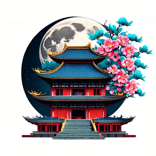 Chinese Building With Moon In Backround And With Mandala And Some Flowers