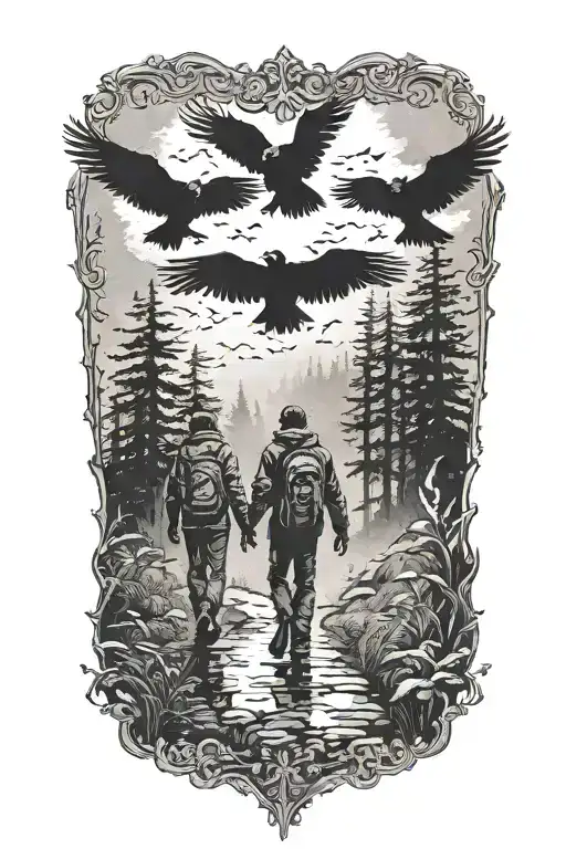 Dark Siluette Off A Father And Two Kids Walking Info The Fog With Ravens Flying Above