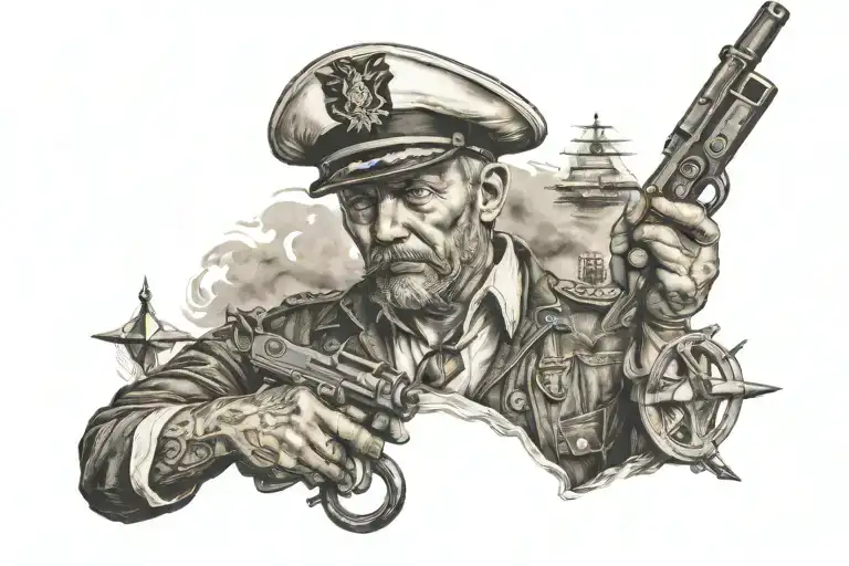 A Realism Style Tattoo Of A Detailed Portrait Of A Ship Captain Holding A Gun On A Ship Deck