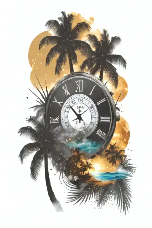 Fireworks Over Beach Scene With Palm Trees With A Timepiece