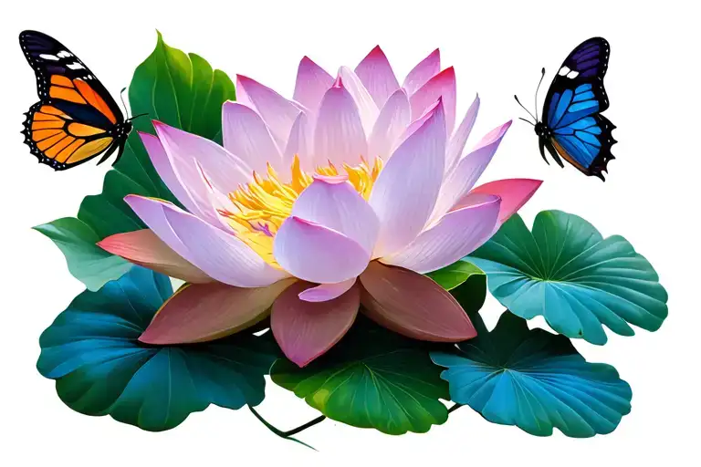 Lotus Flower And Butterfly And Some Leaves