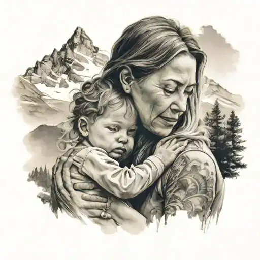 A Mother Embracing Her Child With A Mountain Landscape In The Background