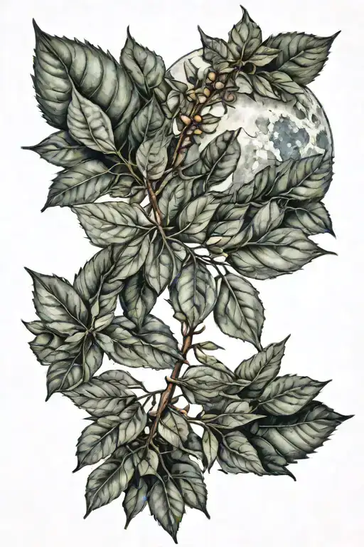 Waxing Gibbous Moon Surrounded By Bay Leaves Growing