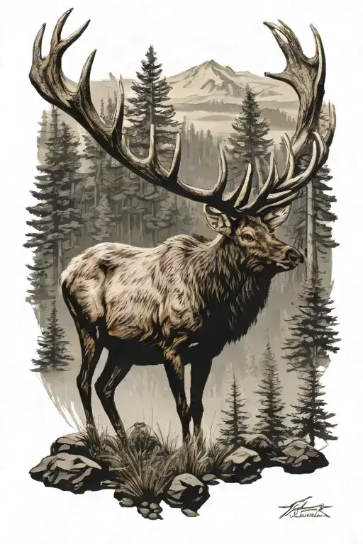 Elk Profile Roaring In A Forest Scene