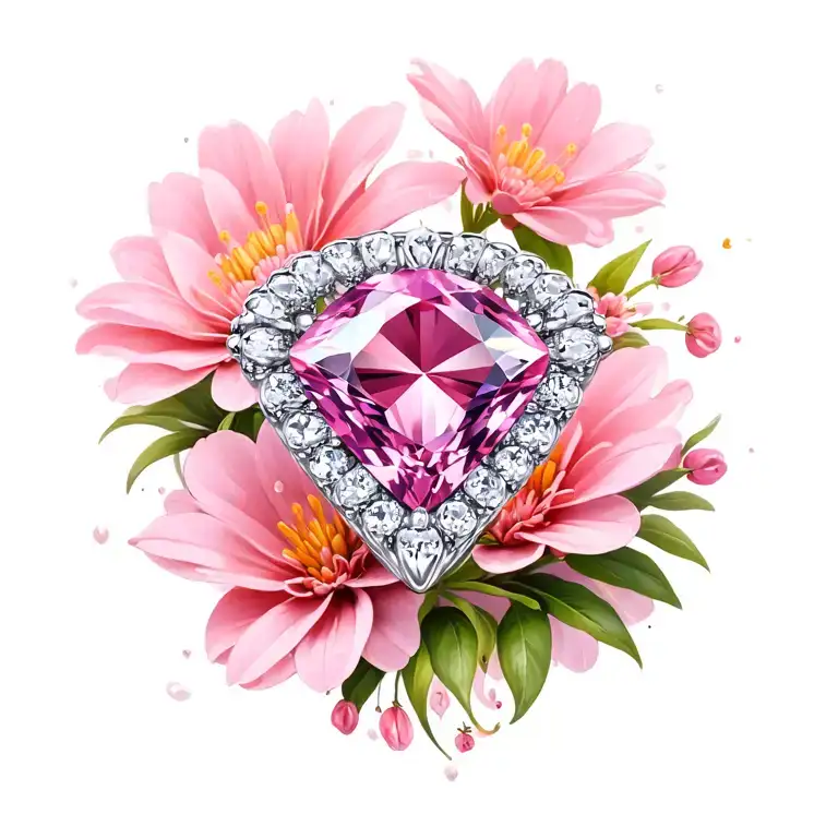 Pink Sapphire On White Gold In Front Of Pink Flowers