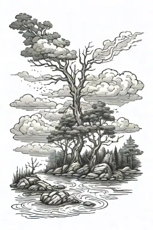 Forest And Dark Clouds Above With Lightning Above River