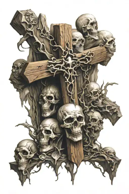Wooden Cross On Mountain Of Skulls