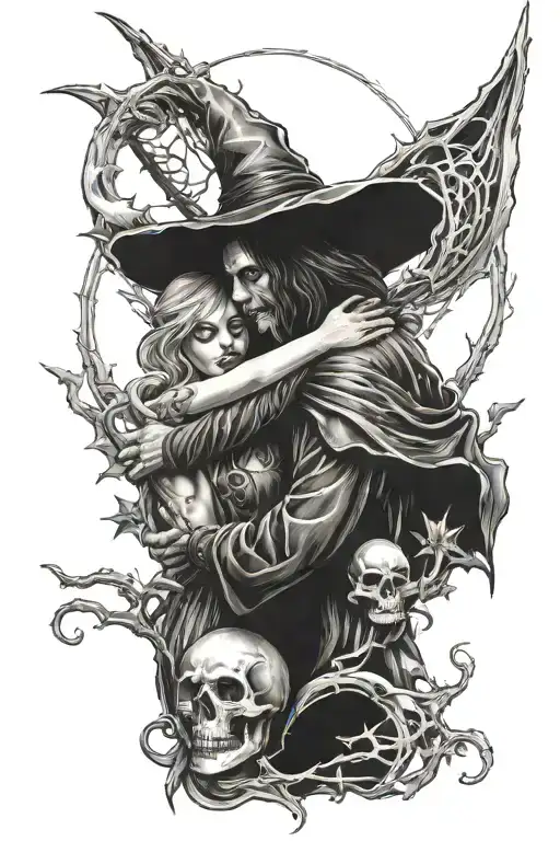A Beautiful Witch Embracing A Handsome Reaper