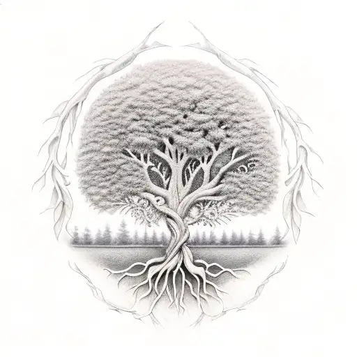 Tree Of Life With Saw Blade Cutting Through With Skeleton Roots