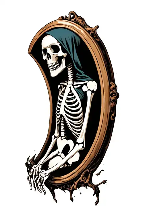 Hooded Skeleton Looking Out Of An Oval Frame As If Trying To Climb Out Of It