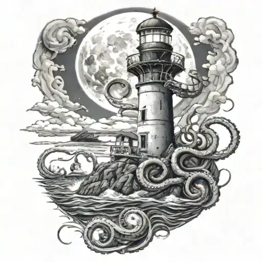 Octopus Wrapped Around A Lighthouse With A Skull In The Moon