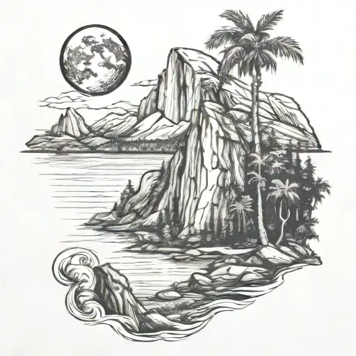 Half Dome With A River Leading To The Ocean With Waves And A Lighthouse And Palm Trees