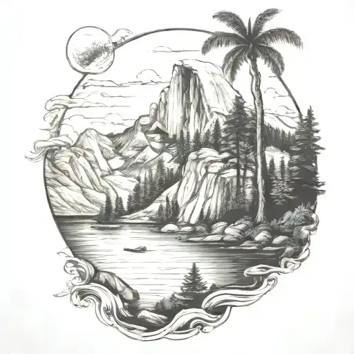 Half Dome With A River Leading To The Ocean With Waves And A Lighthouse And Palm Trees