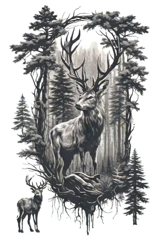 Deer In The Forest Fithing With Wolf Looking Forward