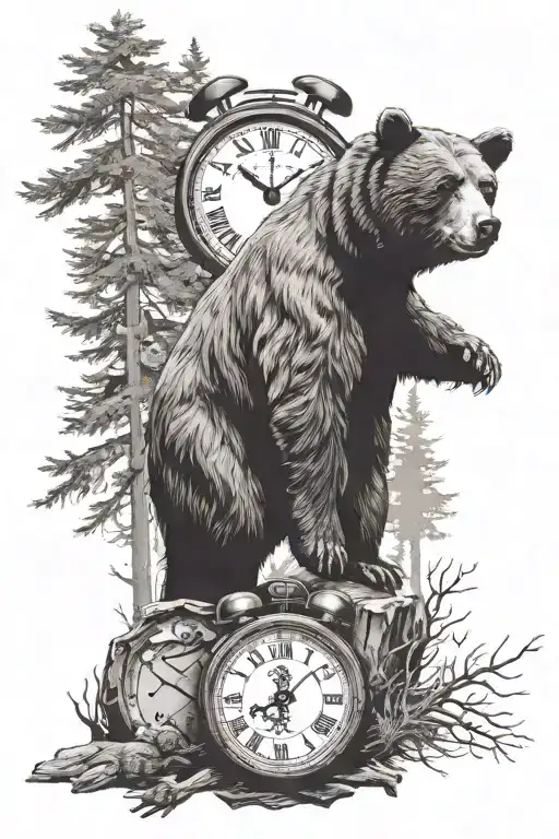 Bear With Trees All Around And A Clock With Sobriety Symbol Somewhere