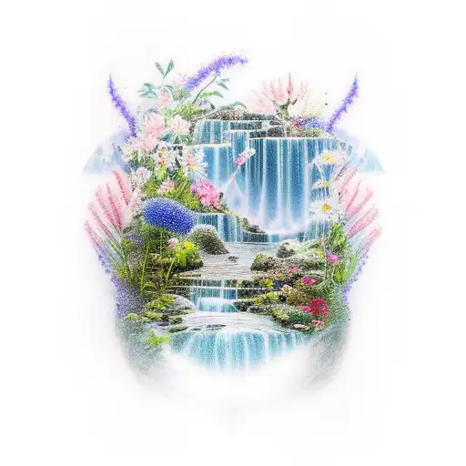 A Poetic Scene Of A Waterfall Surrounded By Blooming Flowers And Butterflies