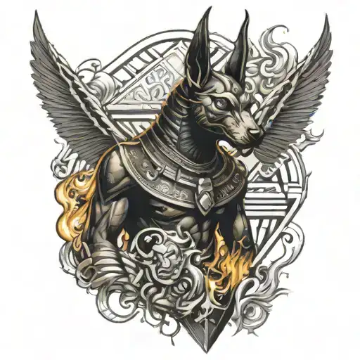 God Anubis Surrounded By Flames Of Fire Behind A Pyramid I Fighting With Amon I Ra