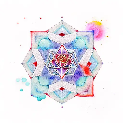 Metatron Cube Surrounded With Watercolor Chakra With Red Line Leading To Om Symbol