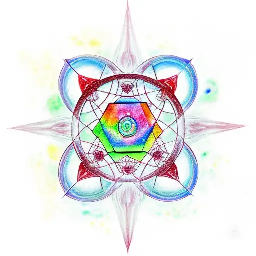 Metatron Cube With Chakrs In Water Color With Red Line Leading To Om Symbol